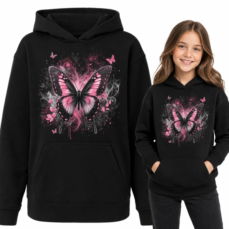 Bluza dziewczęca z kapturem - różowy motyl w dymie i kwiatach
