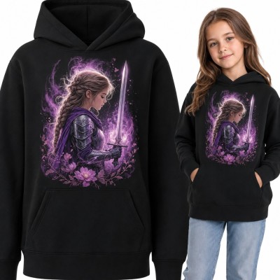 Bluza dziewczęca z kapturem - wojowniczka fantasy z mieczem w fioletowej magii