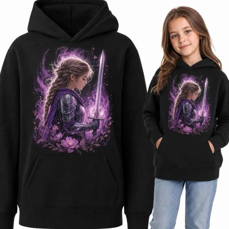 Bluza dziewczęca z kapturem - wojowniczka fantasy z mieczem w fioletowej magii