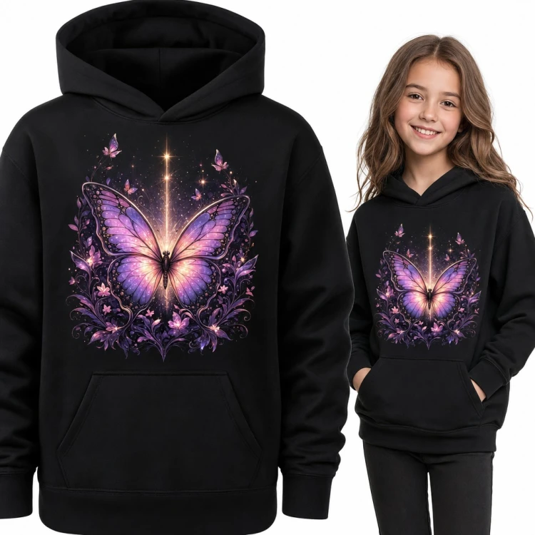 Bluza dziewczęca z kapturem - fioletowy motyl wśród magicznych kwiatów