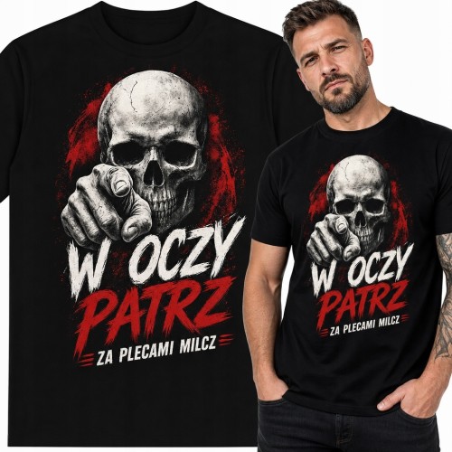 Koszulka męska z czaszką „W oczy patrz - za plecami milcz”
