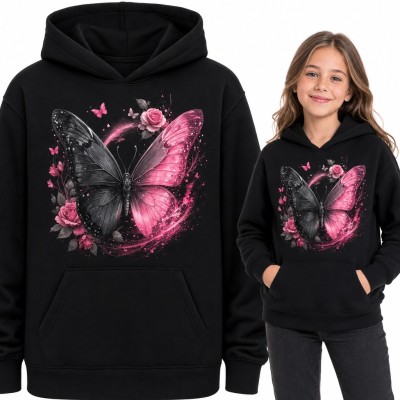Bluza dziewczęca z kapturem - czarno-różowy motyl wśród róż