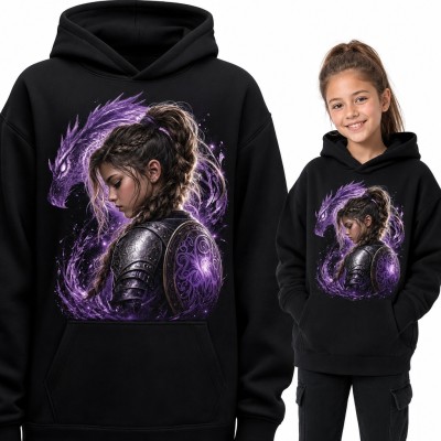 Bluza dziewczęca z kapturem - wojowniczka w zbroi i fioletowy smok fantasy