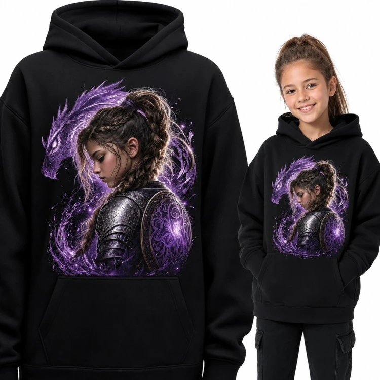 Bluza dziewczęca z kapturem - wojowniczka w zbroi i fioletowy smok fantasy