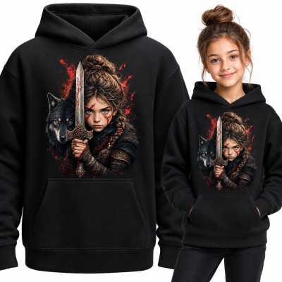 Bluza dziewczęca z kapturem - mała wikingka z wilkiem fantasy