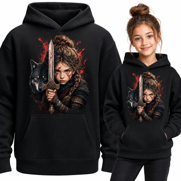 Bluza dziewczęca z kapturem - mała wikingka z wilkiem fantasy