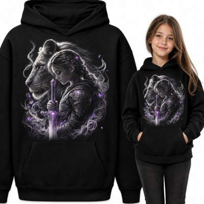 Bluza dziewczęca z kapturem - wojowniczka z mieczem i lwem fantasy