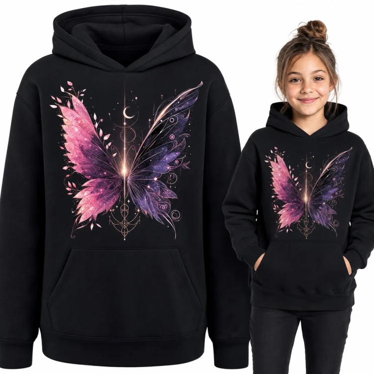 Bluza dziewczęca z kapturem - magiczny motyl z półksiężycem i gwiazdami