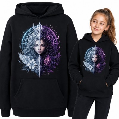 Bluza dziewczęca z kapturem - czarodziejka fantasy o dwóch twarzach, lodowej i fioletowej