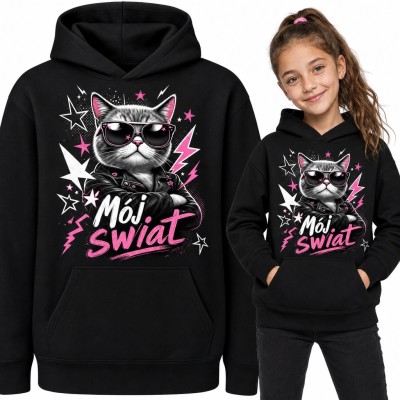 Bluza dziewczęca z kapturem - kot w okularach i ramonesce z napisem „Mój swiat”