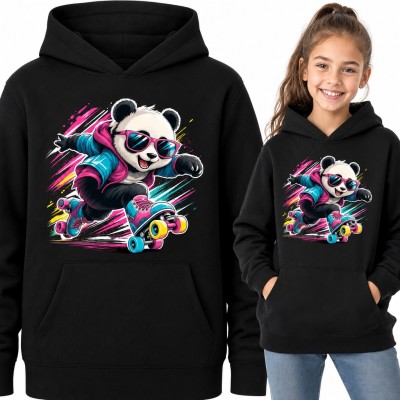 Bluza dziewczęca z kapturem - panda na wrotkach w różowych okularach