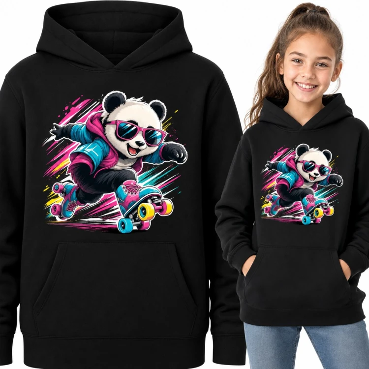 Bluza dziewczęca z kapturem - panda na wrotkach w różowych okularach