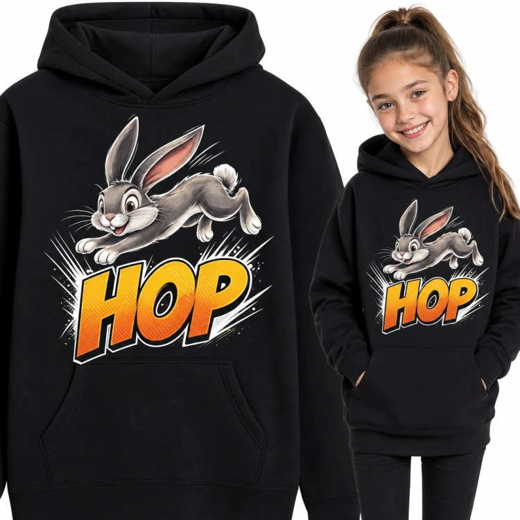 Bluza dziewczęca z kapturem - skaczący królik z komiksowym napisem „Hop”