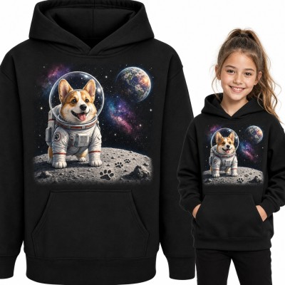 Bluza dziewczęca z kapturem - pies corgi astronauta na Księżycu