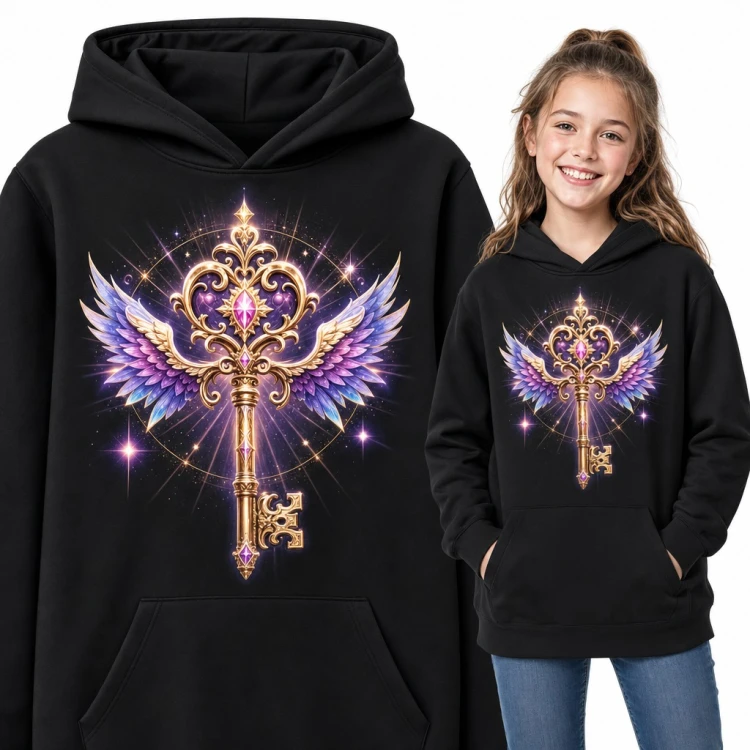 Bluza dziewczęca z kapturem - złoty magiczny klucz ze skrzydłami