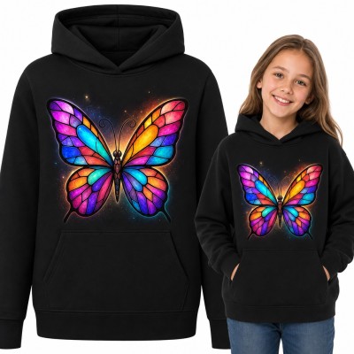 Bluza dziewczęca z kapturem - tęczowy motyl w stylu witrażu