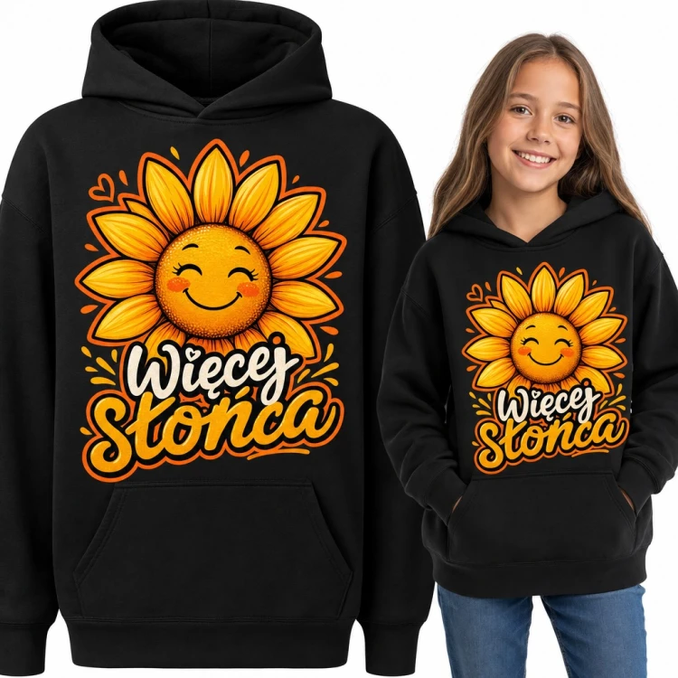 Bluza dziewczęca z kapturem - uśmiechnięty słonecznik „Więcej słońca”