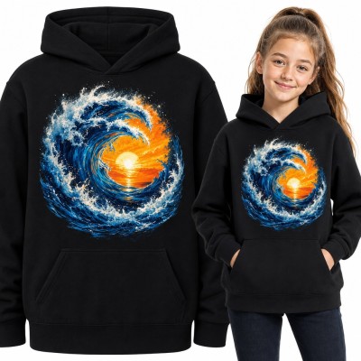 Bluza dziewczęca z kapturem - malowana fala oceanu z zachodem słońca