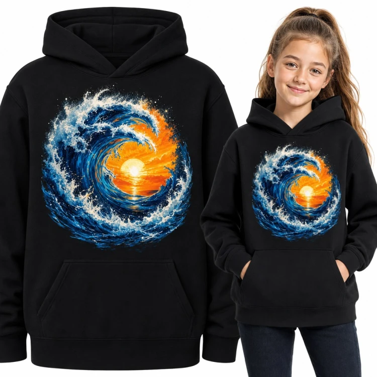 Bluza dziewczęca z kapturem - malowana fala oceanu z zachodem słońca