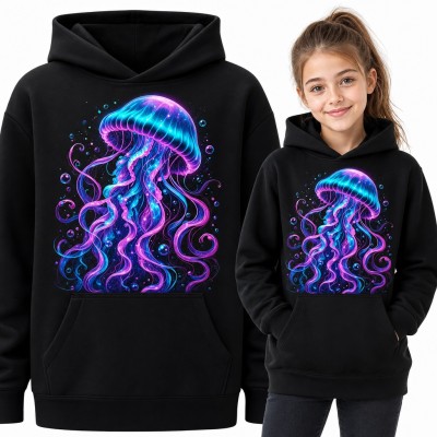 Bluza dziewczęca z kapturem - neonowa meduza wśród bąbelków