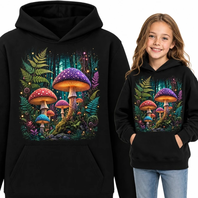 Bluza dziewczęca z kapturem - magiczne grzyby i paprocie w świecącym lesie