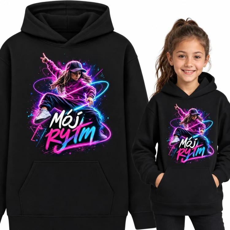 Bluza dziewczęca z kapturem - „Mój rytm” neonowa tancerka hip-hop