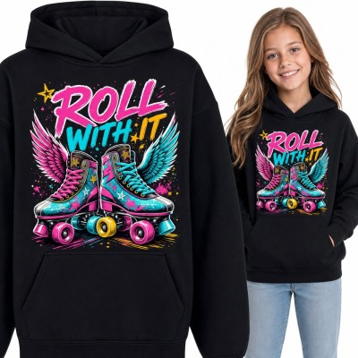 Bluza dziewczęca z kapturem - wrotki ze skrzydłami i napis „Roll with it”