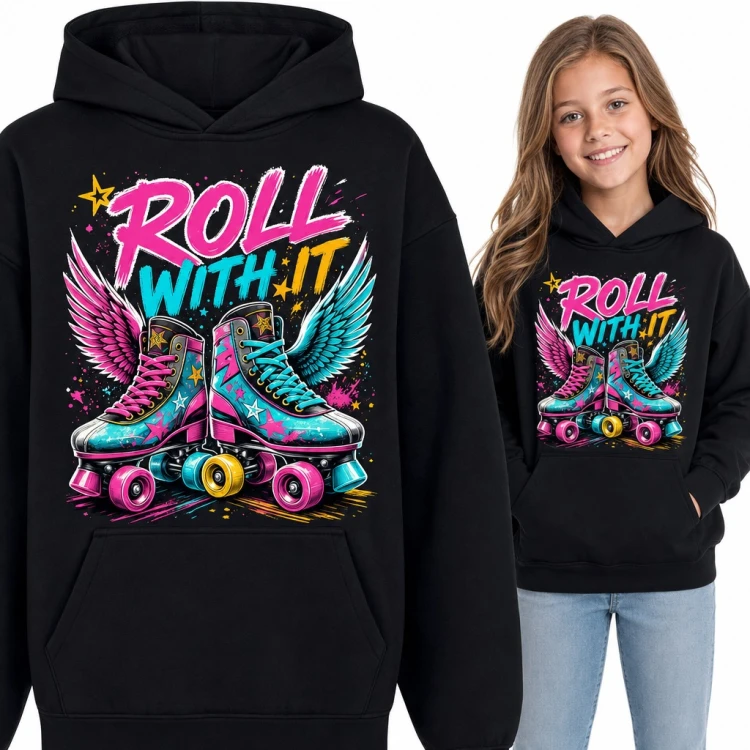Bluza dziewczęca z kapturem - wrotki ze skrzydłami i napis „Roll with it”
