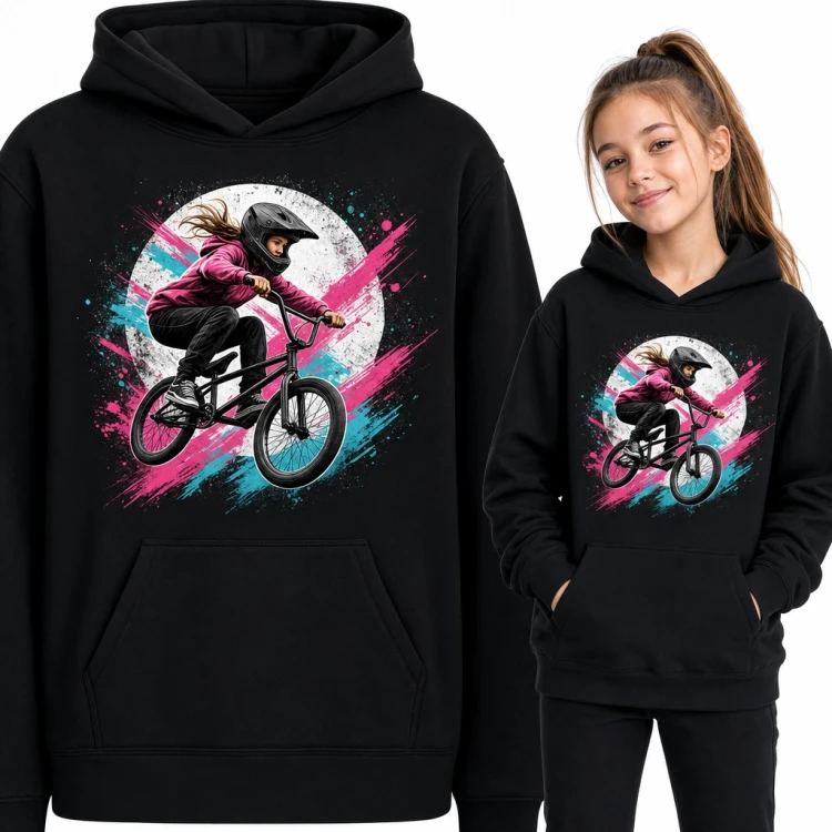 Bluza dziewczęca z kapturem - dziewczyna na BMX w skoku dla młodej rowerzystki