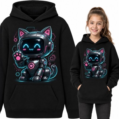 Bluza dziewczęca z kapturem - neonowy kot robot machający łapką