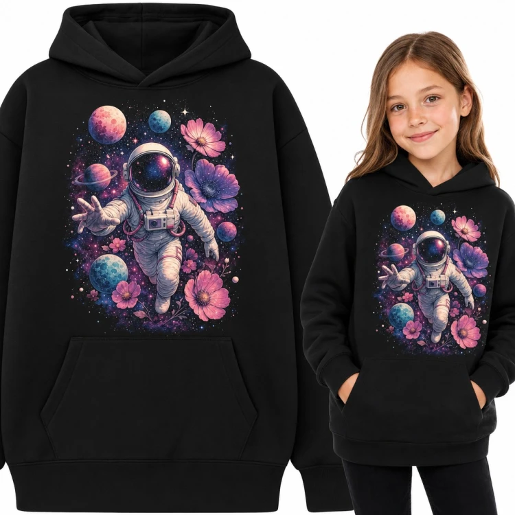 Bluza dziewczęca z kapturem - astronauta wśród planet i różowych kwiatów