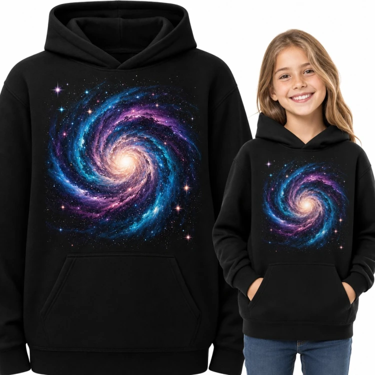 Bluza dziewczęca z kapturem - spiralna galaktyka w fioletach i błękitach