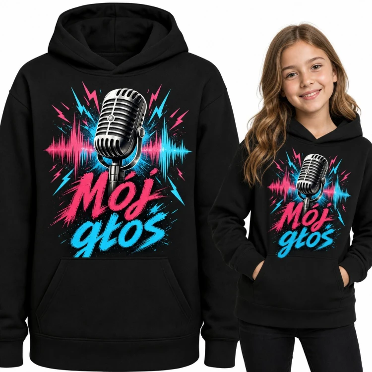 Bluza dziewczęca z kapturem „Mój głos” - retro mikrofon dla młodej wokalistki