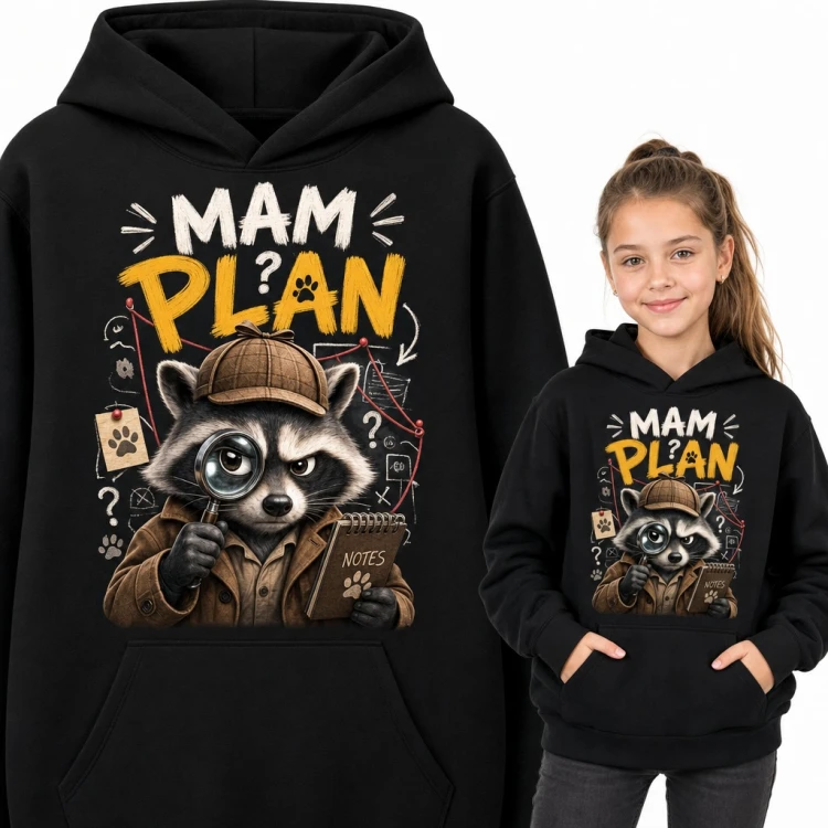 Bluza dziewczęca z kapturem - szop detektyw z lupą „Mam plan”