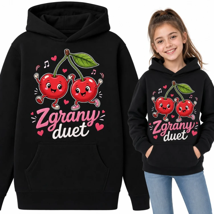 Bluza dziewczęca z kapturem - tańczące wisienki „Zgrany duet” dla przyjaciółek