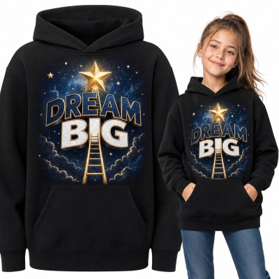 Bluza dziewczęca z kapturem „Dream big” - złota drabina do gwiazdy na nocnym niebie