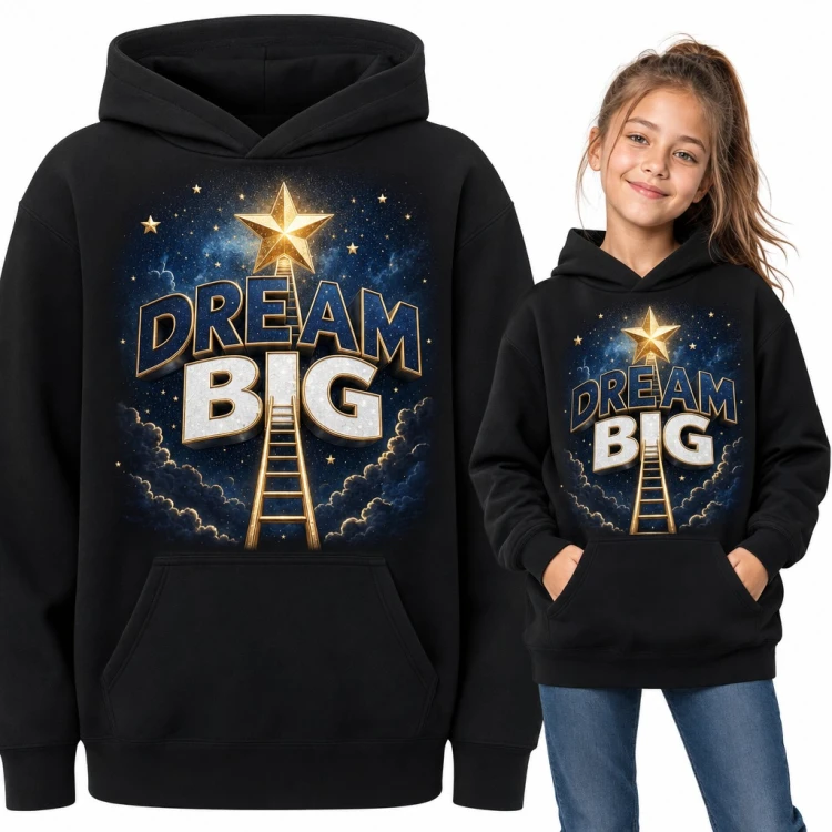 Bluza dziewczęca z kapturem „Dream big” - złota drabina do gwiazdy na nocnym niebie