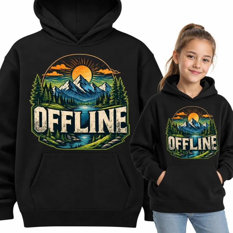 Bluza dziewczęca z kapturem - „Offline” z górami, lasem i jeziorem