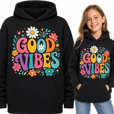 Bluza dziewczęca z kapturem „Good vibes” - kolorowe kwiaty w stylu retro