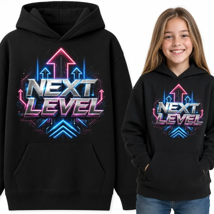 Bluza dziewczęca z kapturem - neonowy napis „Next Level” ze strzałkami dla gamerki