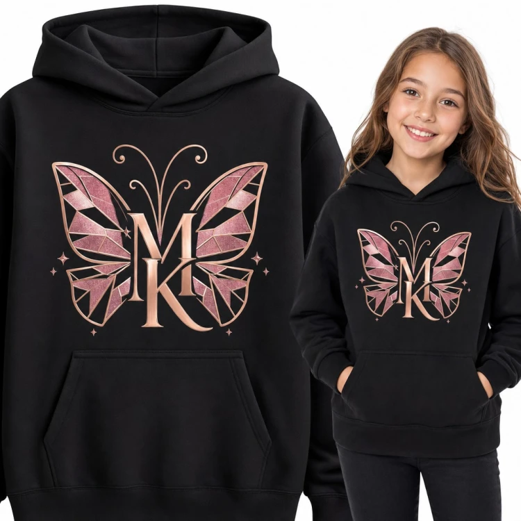 Bluza dziewczęca z kapturem - witrażowy motyl z monogramem „MK” w odcieniu różowego złota