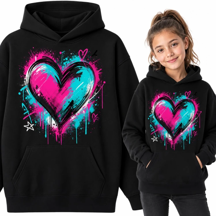 Bluza dziewczęca z kapturem - serce graffiti w różu i turkusie