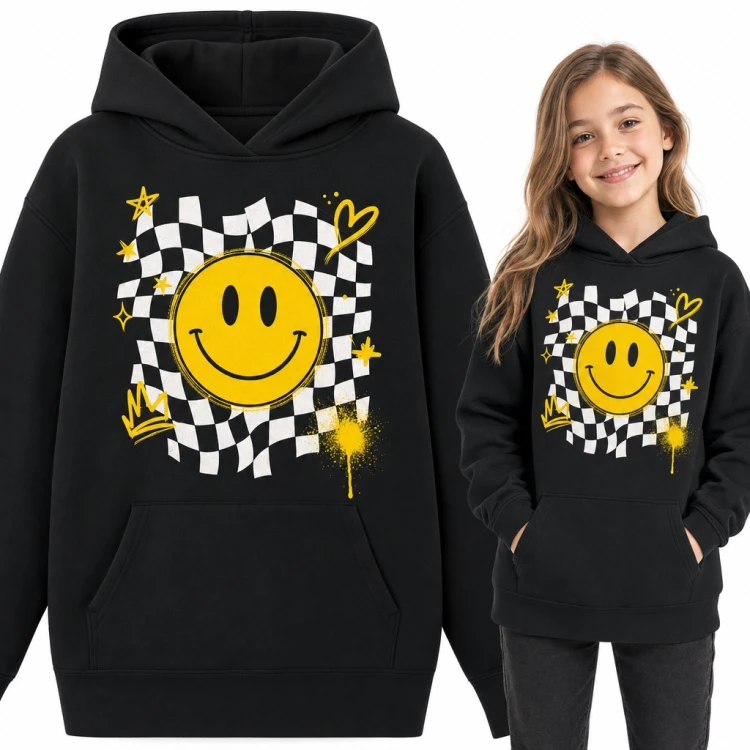 Bluza dziewczęca z kapturem - żółty smiley na falującej szachownicy