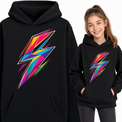 Bluza dziewczęca z kapturem - geometryczna błyskawica w neonowych kolorach