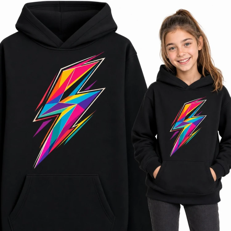Bluza dziewczęca z kapturem - geometryczna błyskawica w neonowych kolorach