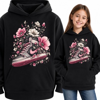 Bluza dziewczęca z kapturem - sneaker za kostkę w różowych kwiatach