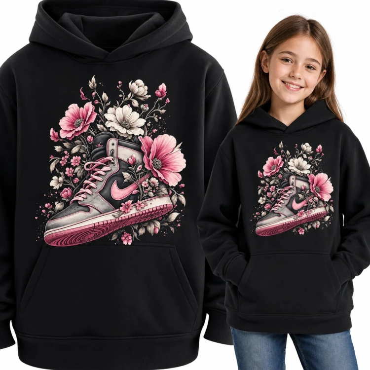 Bluza dziewczęca z kapturem - sneaker za kostkę w różowych kwiatach
