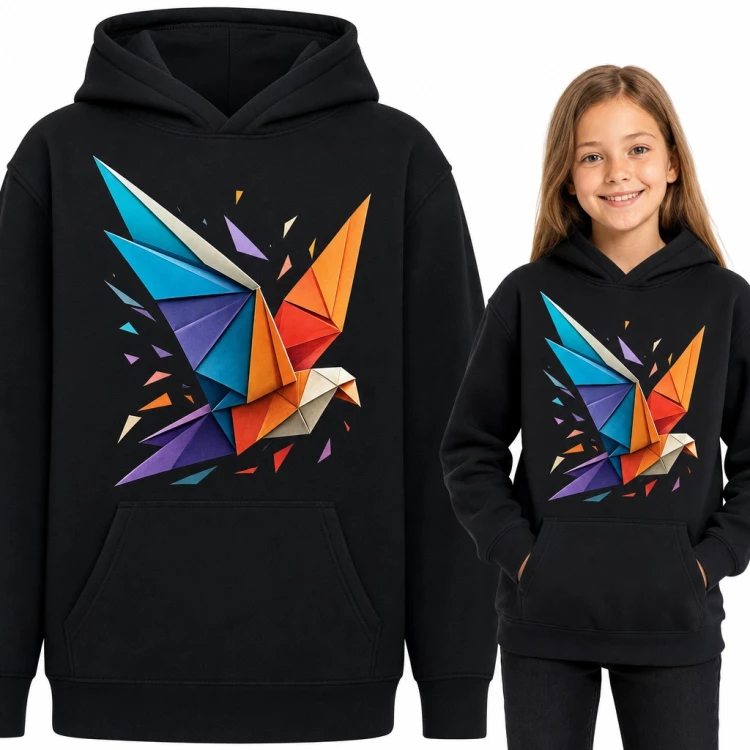Bluza dziewczęca z kapturem - kolorowy ptak origami z geometrycznych trójkątów