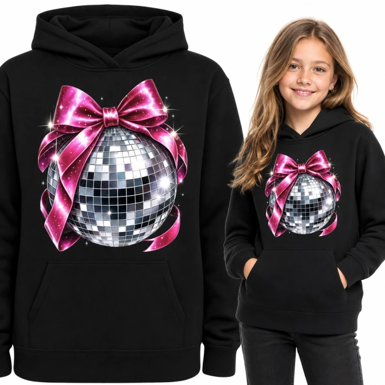Bluza dziewczęca z kapturem - srebrna kula disco z różową kokardą
