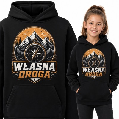 Bluza dziewczęca z kapturem - „Własna droga” z kompasem i górami